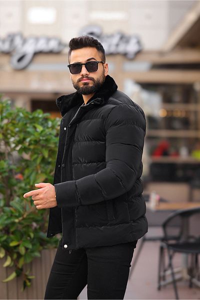 BearGlam Men's Black Collar Fur Coat