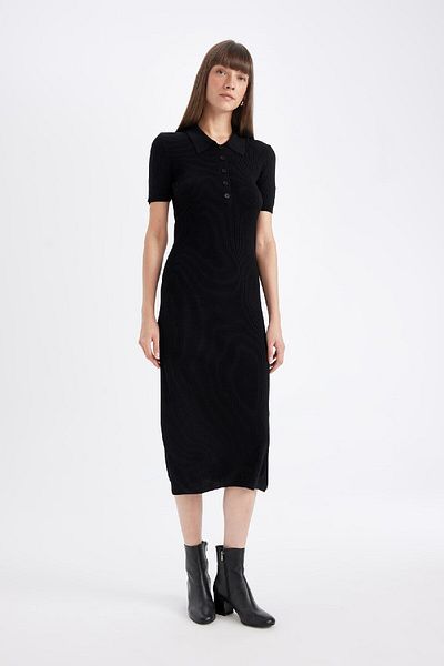 DeFacto Μίντι φόρεμα Bodycon Polo με ριμπ καμιζόλα με μισό μανίκι C2882AX24AU