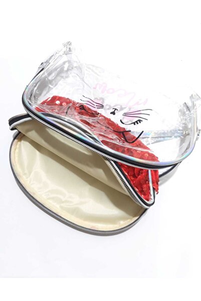 SEVRU Комплект от 2 части с котешка тематика - несесер за грим, каишка за ръка и дамска несесер за грим с цип