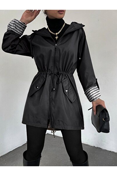 ZUMRAGİYİM Kolları Katlanır Kapşonlu Astarlı Trenckot