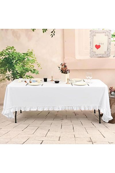 Erba kreasyon Linen Ruffle Tablecloth White Tablecloth