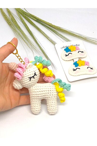 Azrua Amigurumi jednorog Privezak za ključeve i set kopči za kosu