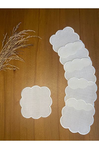 Smiling Home 6 Pieces Linen Ecru Color Clover Patterned Cocktail Presentation Napkin