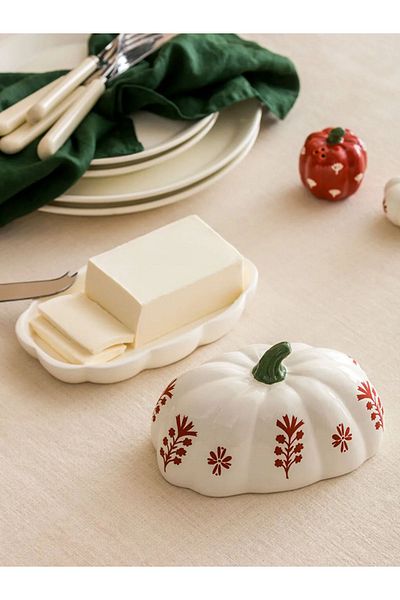 LC Waikiki Home Ecru Ceramic Butter Bowl with Pumpkin Figure 18 cm