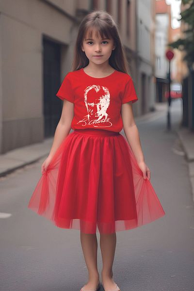 MYADA Ataturk Signature Printed Red Tutu Skirt and T-Shirt Set - 10053