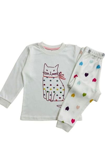 elmas kids Girl's 100% Cotton Crew Neck Long Sleeve Ecru Cat Heart Patterned Pajama Set