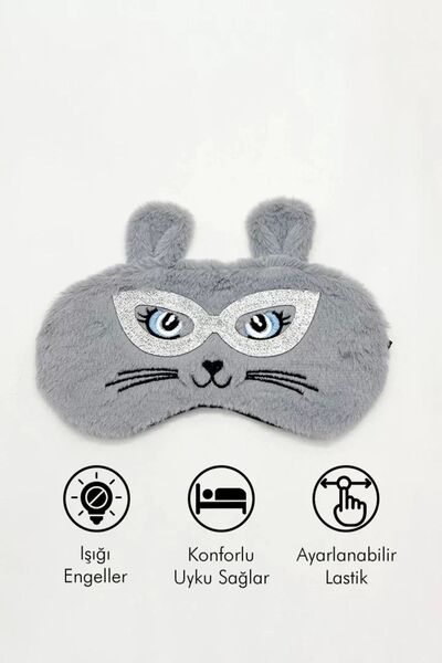 little Luv Çocuklar İçin Gri Renk Kedi Figürlü Peluş Uyku Bandı