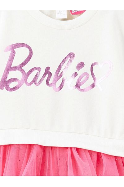 LC Waikiki Baby Ecru Crew Neck Long Sleeve Barbie Printed Baby Girl Dress