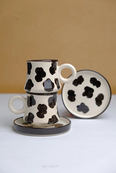 Porsellena 2 Pieces Cow Themed Handmade Coffee Cup Set