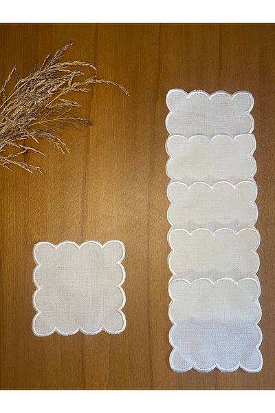Smiling Home 6 Pieces Linen Linen Ecru Color Wavy Cloud Patterned Cocktail Presentation Napkin