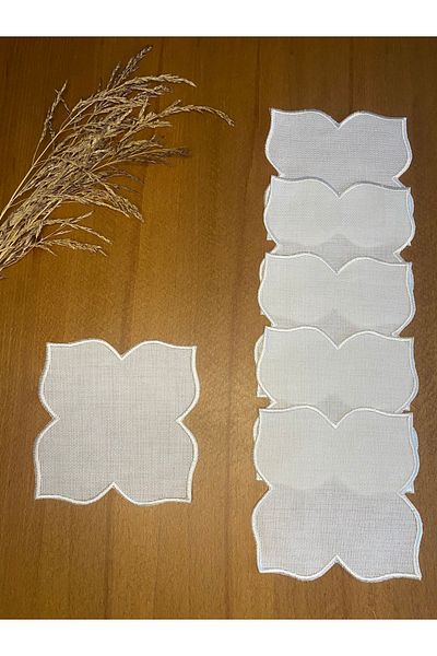 Smiling Home 6 Pieces Linen Ecru Color Lotus Patterned Cocktail Serving Napkin