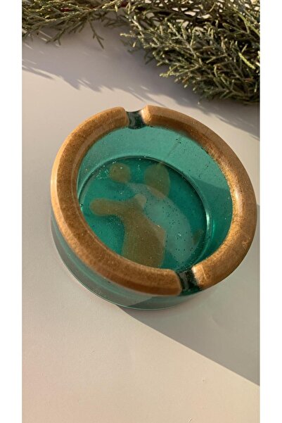 MISS GOLDEN Transparan Çimen Yeşili Ve Gold Renk Süs Yuvarlak Şekilli Küllük El Yapımı Epoksi Hediyelik