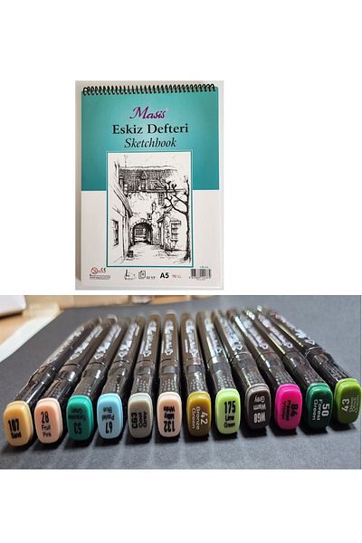 Masis A5 Drawing Notebook + Double-Ended Graphic Drawing Marker 12 Pcs Cool Colors 3