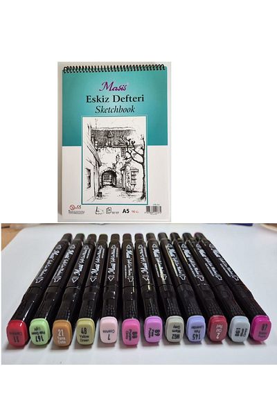 Masis A5 Drawing Notebook + Double-Ended Graphic Drawing Marker 12 Pcs Cool Colors 5
