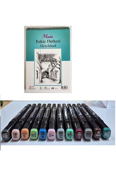 Masis A5 Drawing Notebook - Double Ended Graphic Marker, 12 Pack Warm Colors