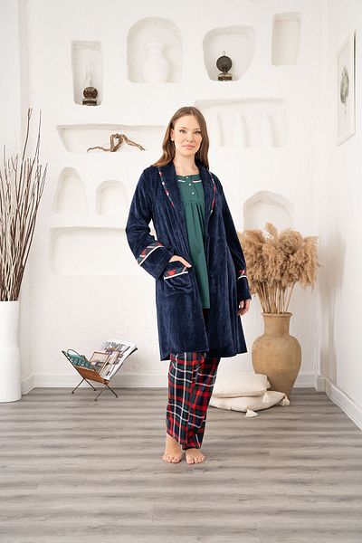 CT MODA Navy Blue Velvet Plaid Winter Cotton Maternity and Maternity Dressing Pajamas Set