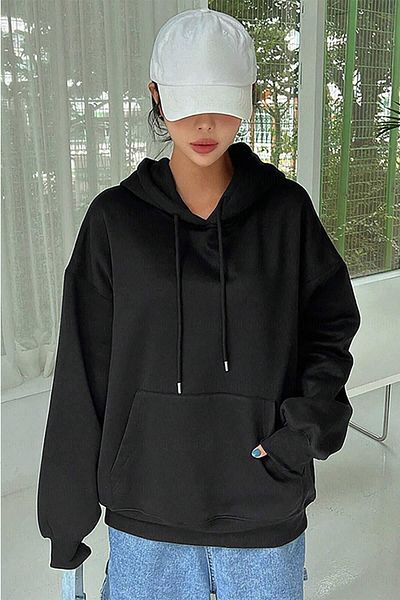 Pink Sky Women's Black Plain Hooded Oversize Loose Cut Hoodie Sweatshirt