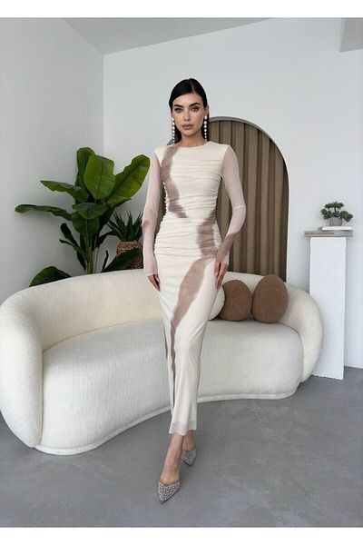 BETULAKSUBUTİK Jewel Beige Patterned Ruffle Sleeve Detailed Crew Neck Sleeveless Lined Premium Tulle Dress