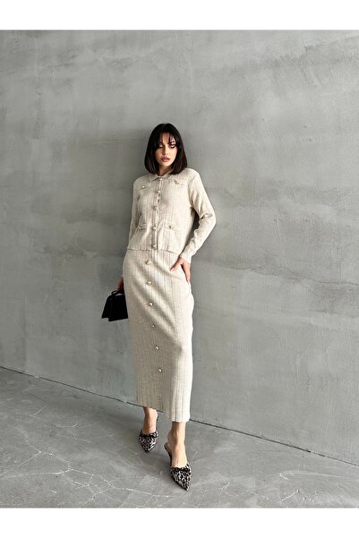 Elilook Women's Knitwear Skirt and Cardigan Set - Pocket Accessory