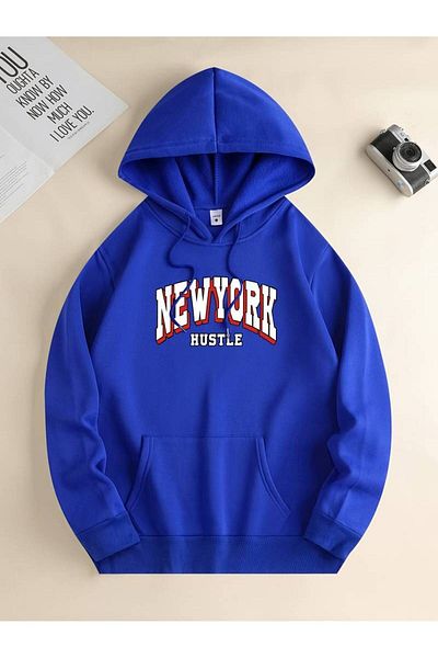 Keywest Унисекс голям суичър с качулка с принт New York Hustle - 3 нишки, 100% памук, зимна качулка