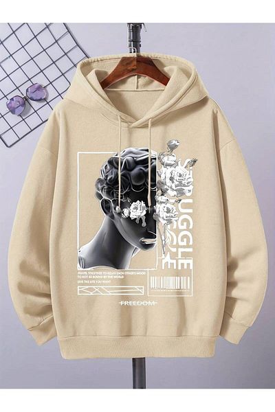Keywest Γλυπτό και λουλούδια με στάμπα Unisex Oversize Winter Hoodie - Φούτερ με κουκούλα 3 κλωστών 100% βαμβάκι
