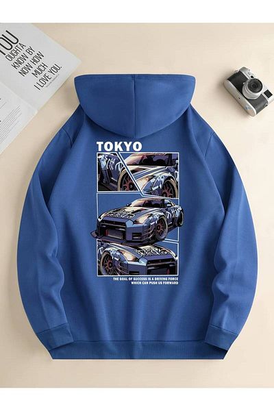 Keywest Hanorac cu glugă supradimensionat unisex cu imprimeu Tokyo GTR - Hanorac de iarnă 100% bumbac cu 3 fire
