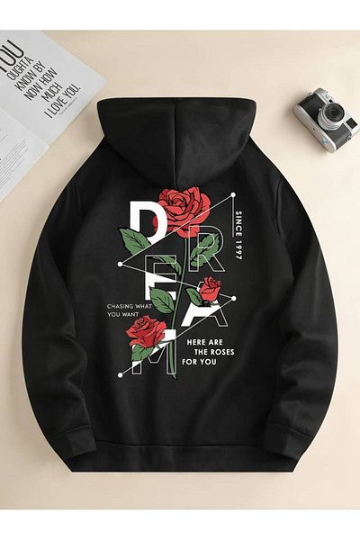 Keywest Φούτερ με κουκούλα Dream Rose Printed Unisex Oversize - 3 κλωστές 100% βαμβάκι