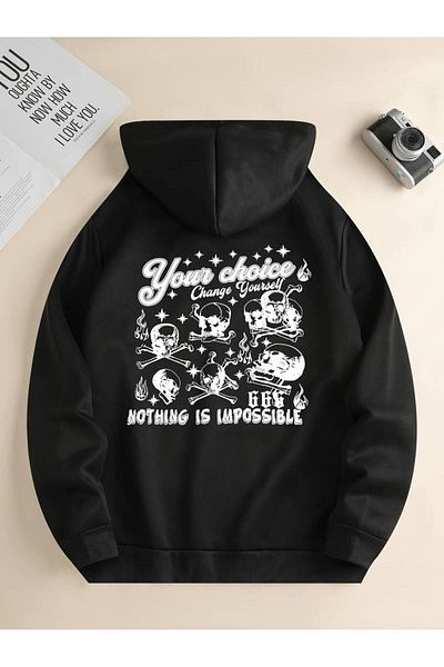 Machetta Unisex "Nothing Is Impossible" Χειμερινό φούτερ με στάμπα μεγάλου μεγέθους - 3 κλωστές, 100% βαμβάκι, κουκούλα