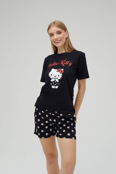 Hello Kitty Licensed Printed Crew Neck Short Sleeve with Shorts Black 100% Cotton Pajamas Set Roz-255