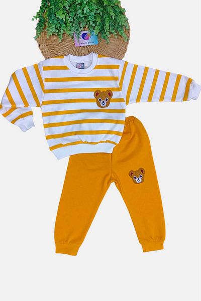 dinamik çocuk 1-9 Years Unisex Kids Set - Teddy Bear Embroidery, 2 Thread Raster, Side Striped Seasonal Bottom and Top Set