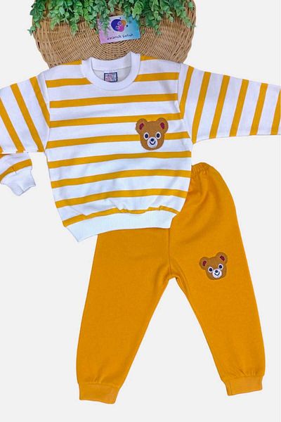 dinamik çocuk 1-9 Years Unisex Kids Set - Teddy Bear Embroidery, 2 Thread Raster, Side Striped Seasonal Bottom and Top Set