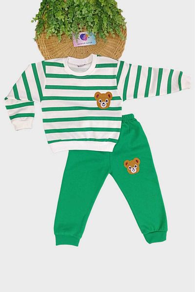 dinamik çocuk 1-9 Years Unisex Kids Set - Teddy Bear Embroidery, 2 Thread Raster, Side Striped Seasonal Bottom and Top Set