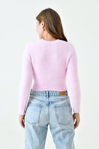 bayansepeti Yumoş Fabric Crew Neck Long Sleeve Slim Fit Pink Crop Knitwear Sweater 24027