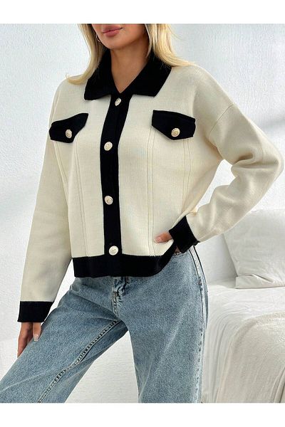 Ugdelia Women's Premium Polo Neck Knitwear Cardigan - Pocket Detailed