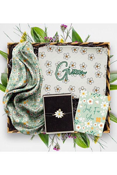 EJOYA Kişiye Özel Papatya Bileklik & Makyaj Çantası & Fular Hediye Kutusu 113...