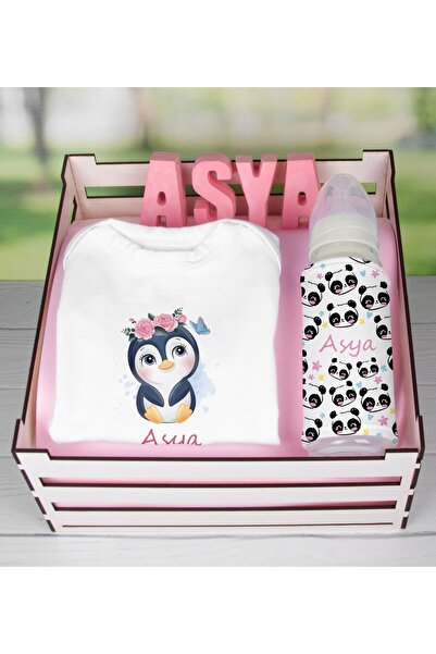 EJOYA Ahşap Sandıkta Kişiye Özel Zıbın Biberon Ve Taş Isimlik Bebek Hediye Se...