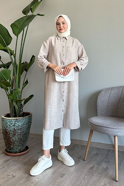 InStyle Cămașă lungă de piatră cu buzunar de in