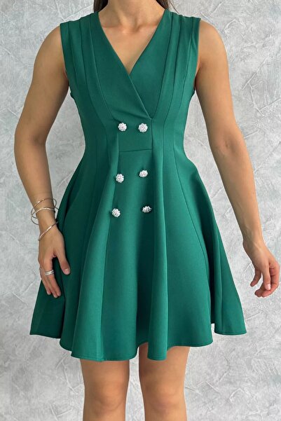 GÜLSELİ Σμαραγδένιο πράσινο βραδινό φόρεμα με διπλό στήθος με πέτρινο κουμπιά εσωτερικά με αυτοεπένδυση