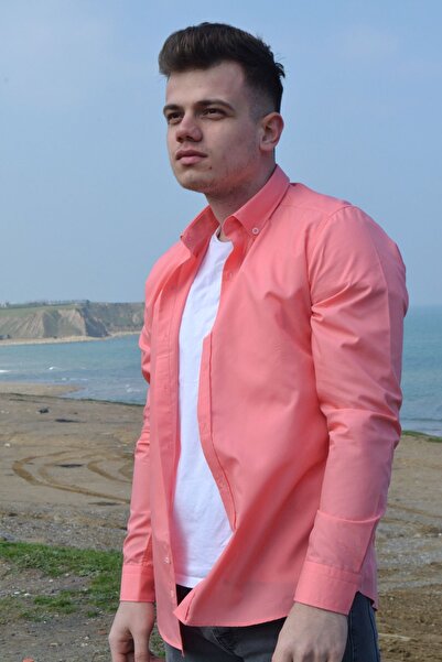 BAŞKONT Gömlek Slim Fit Nar Çiçeği Renk Poplin Kumaş Yaka Düğmeli Erkek Gömlek
