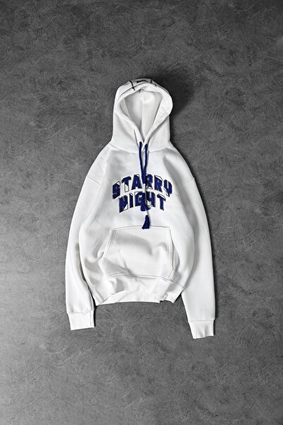 Slatra Чоловічий білий оверсайз-светр з капюшоном і вишивкою «Зоряна ніч»