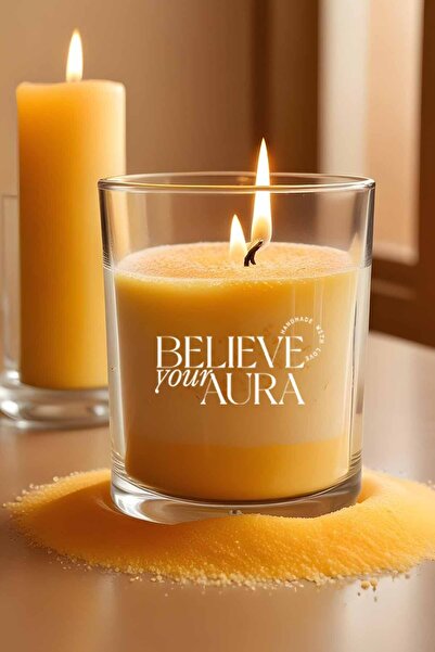 Believe Your Aura Sarı İnci Tozu Mum - Natural Sandal Ağacı Kokulu Cam Bardak...