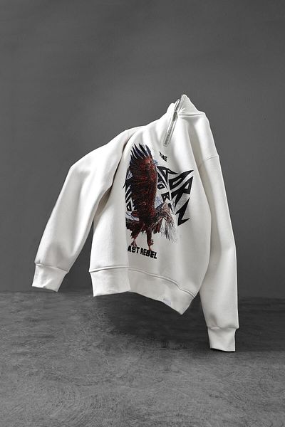 Slatra Ανδρικό λευκό φούτερ The Last Rebel Half Zipper Oversize