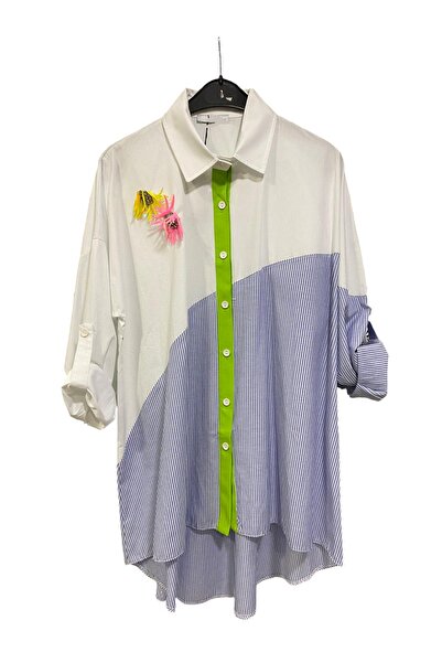 GÜL BUTİK Çiçek Aksesuarlı Katlamalı Kol Model Düğme Kapamalı Uzun Gömlek