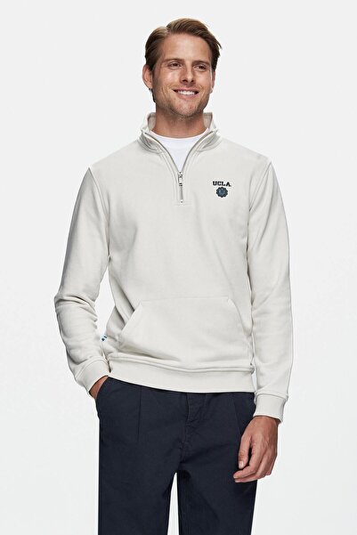 UCLA Leon Bej Yarım Fermuar Dik Yaka Nakışlı Standard Fit Erkek Sweatshirt