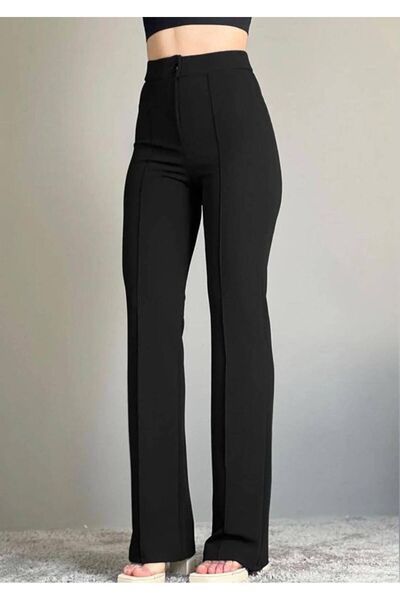 İNCE MAKAS Siyah Yüksek Bel Çimalı Likralı Rahat Kadın Pantolon