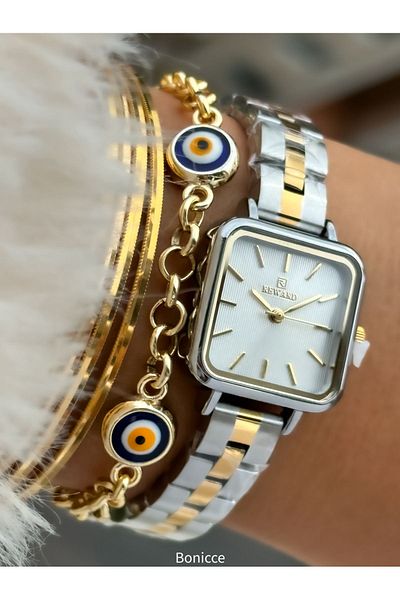 Reward Brand Steel Cord Silver/Yellow Square Case Women's Wristwatch+Nazar Beaded Bracelet Gift