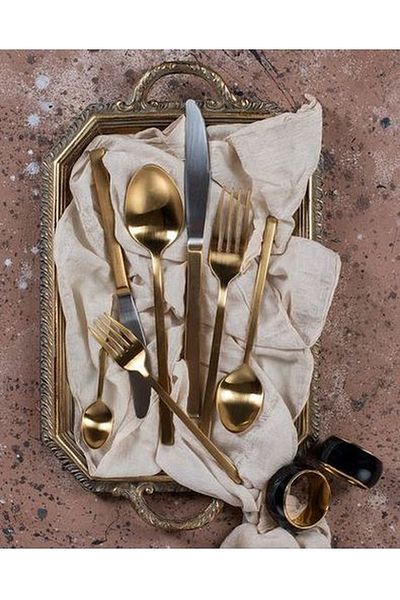 Porland Lungo Matte Gold Fork Spoon Knife Set 84 Pieces for 12 People