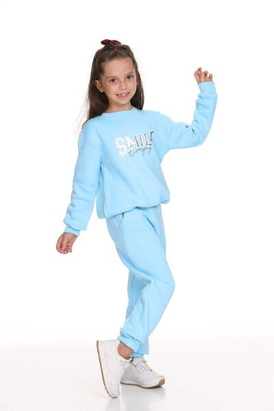 Toçka Kız Çocuk 3 Iplik Kalın Kışlık Içi Polarlı Smile Varak Baskılı Tunik Takım