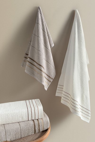 HOME 1961 100% Cotton Soft and High Water Absorbent Set of 2 Towels - Beige & Cream Striped Towel 50X90 cm - Valerie