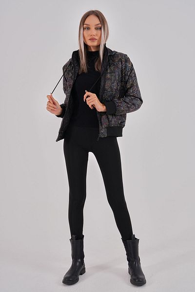 MAG FASHİON Black Patterned Hooded Women's Coat Special Design with Water Wind Repellent Feature